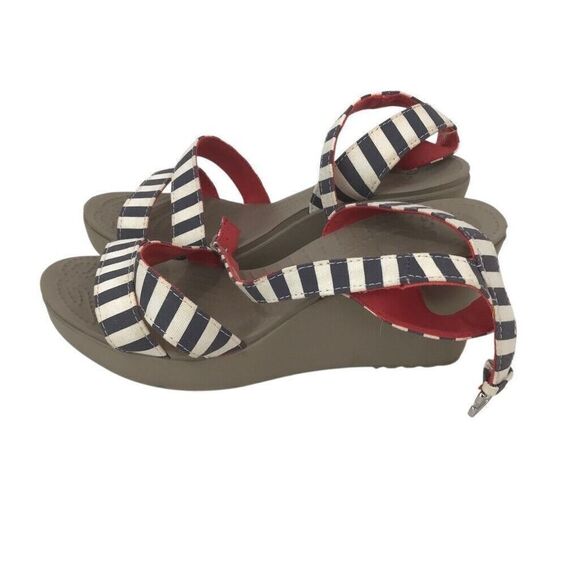 Crocs Leigh Wedge Sandals Ankle Strappy White Blue Striped Women’s Size 9 - Picture 3 of 8